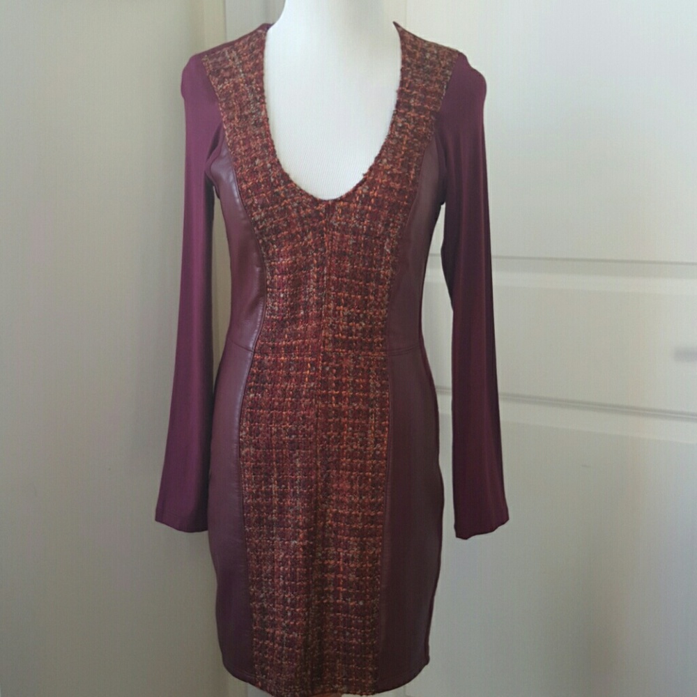 Tweed, leather, and jersey mini dress